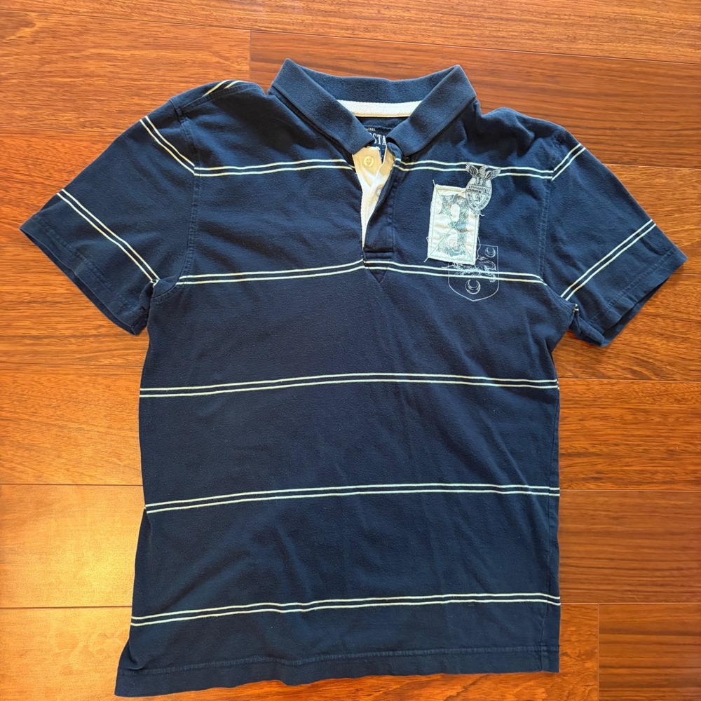 Aeropostale Mens Y2K Navy Blue Striped Polo Shirt Graphic Patch Crest Size M